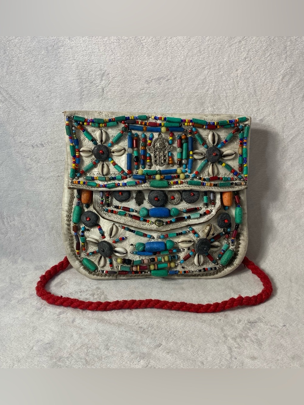 Antique Moroccan Berber White Leather Shoulder Bag Beaded Tribal Folk Art Purse